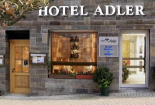 Hotel Adler mit Holztür, Fenster und Pflanze vor Steinmauer. (KI generiert)