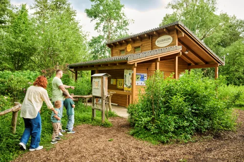 Familie vor Holzhaus mit Schild 'Aquarium' im Wald, Kinder beobachten Tiere. (KI generiert)