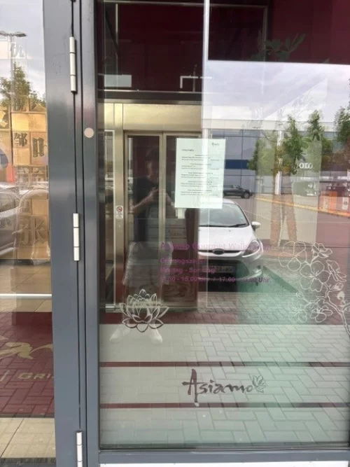 Schaufenster eines Asia-Restaurants mit Speisekarte und Logo, daneben parkende Autos. (KI generiert)